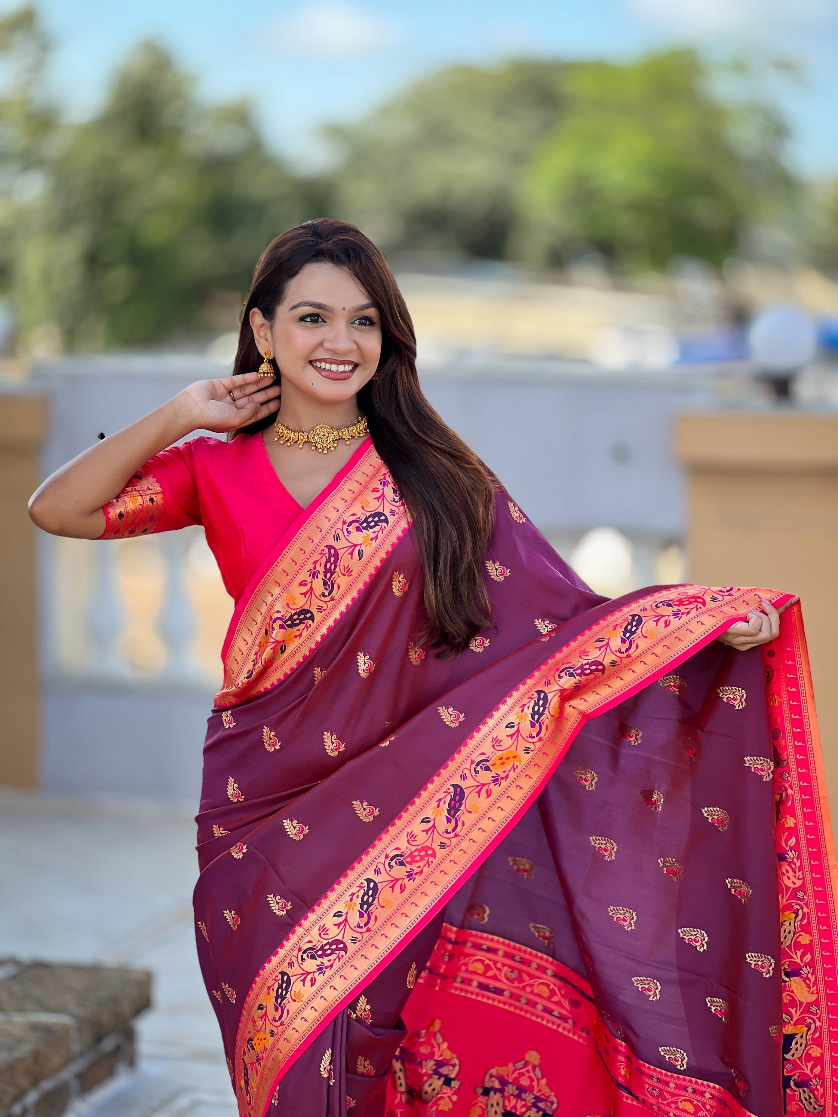 Vedant Vastram Soft Litchi Silk Paithani Jacquard Saree - Wine