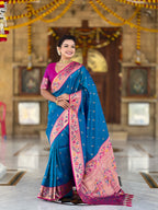 Vedant Vastram Soft Litchi Silk Paithani Jacquard Saree - Firozi