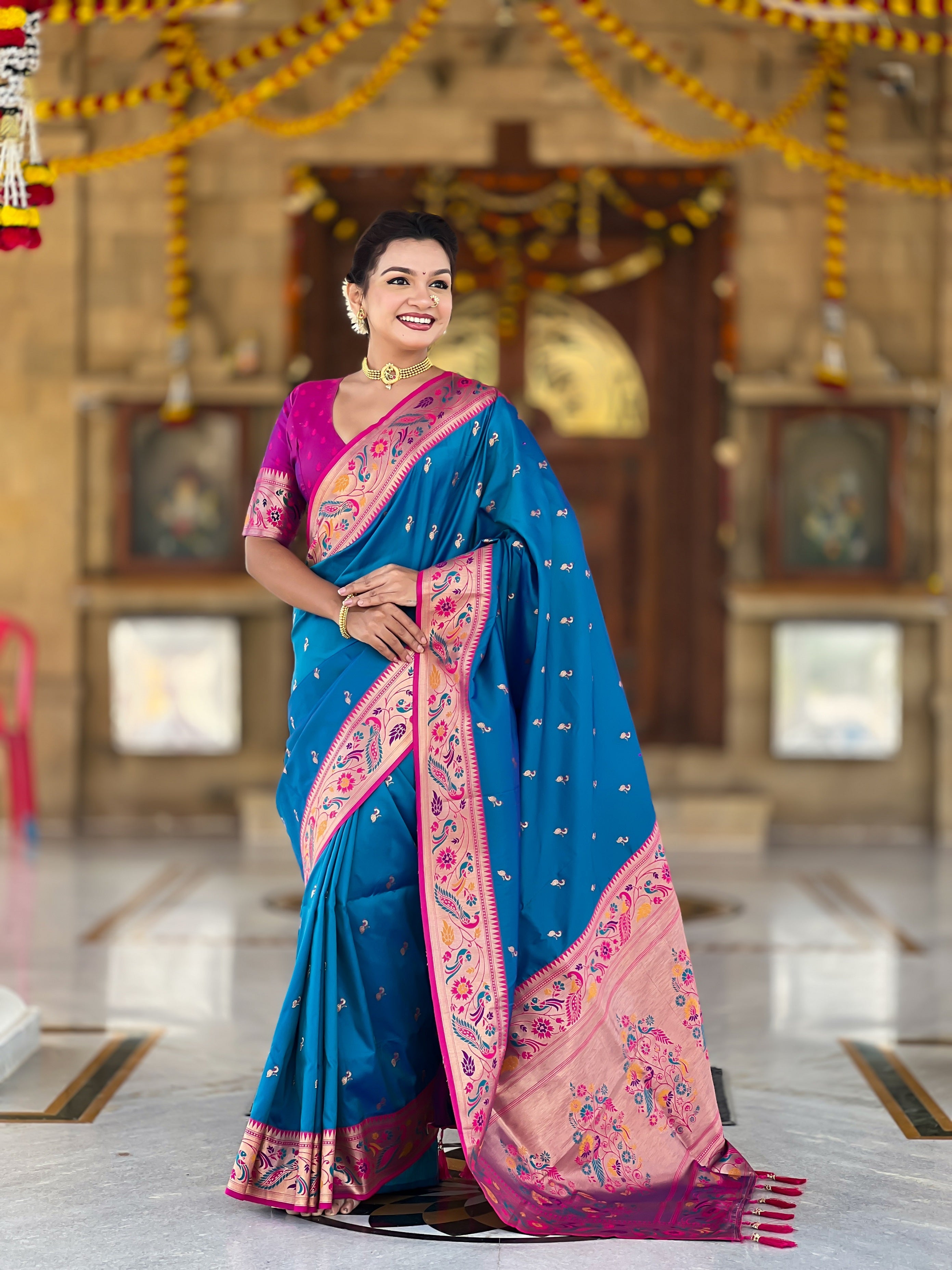 Vedant Vastram Soft Litchi Silk Paithani Jacquard Saree - Firozi