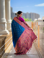 Vedant Vastram Soft Litchi Silk Paithani Jacquard Saree - Firozi