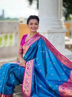 Vedant Vastram Soft Litchi Silk Paithani Jacquard Saree - Firozi