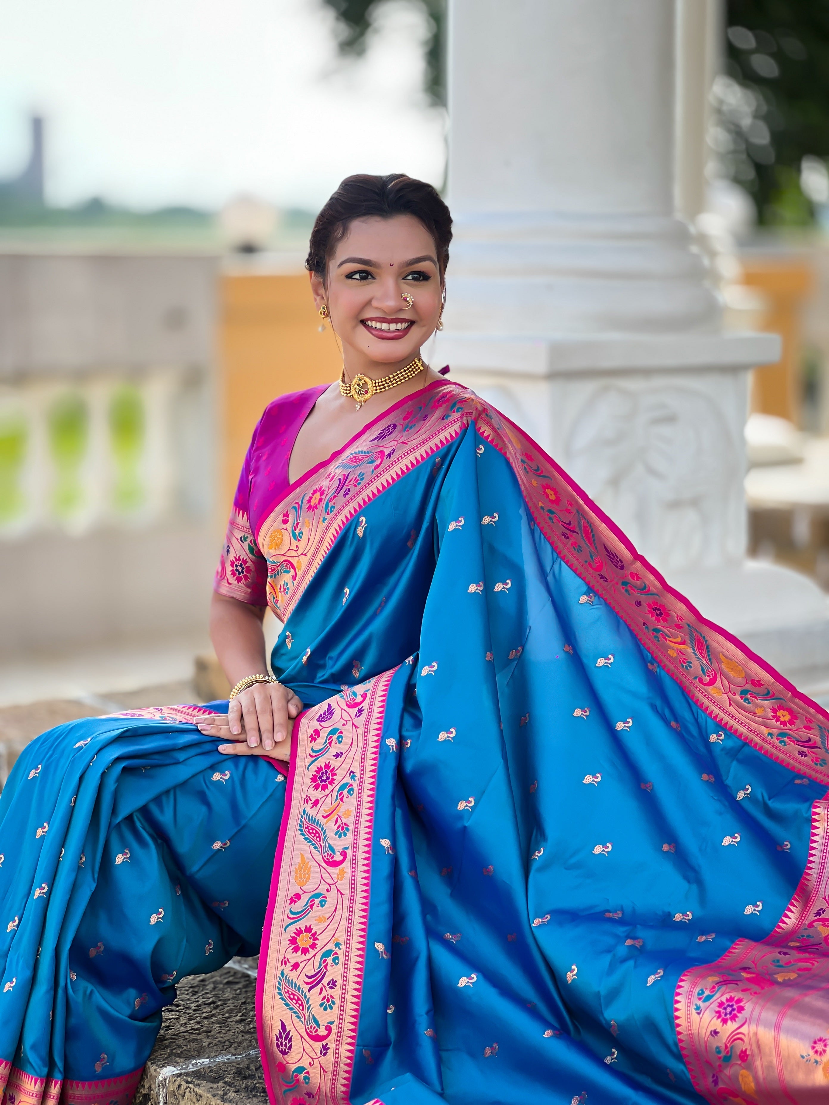 Vedant Vastram Soft Litchi Silk Paithani Jacquard Saree - Firozi