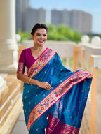 Vedant Vastram Soft Litchi Silk Paithani Jacquard Saree - Firozi