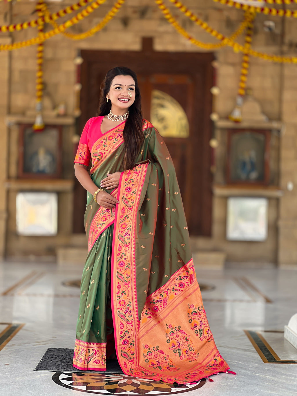 Vedant Vastram Soft Litchi Silk Paithani Jacquard Saree - Mahendi