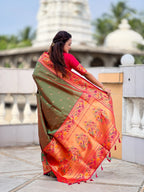 Vedant Vastram Soft Litchi Silk Paithani Jacquard Saree - Mahendi