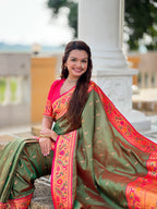 Vedant Vastram Soft Litchi Silk Paithani Jacquard Saree - Mahendi