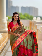 Vedant Vastram Soft Litchi Silk Paithani Jacquard Saree - Mahendi