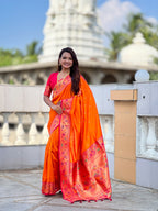 Vedant Vastram Soft Litchi Silk Paithani Jacquard Saree - Orange