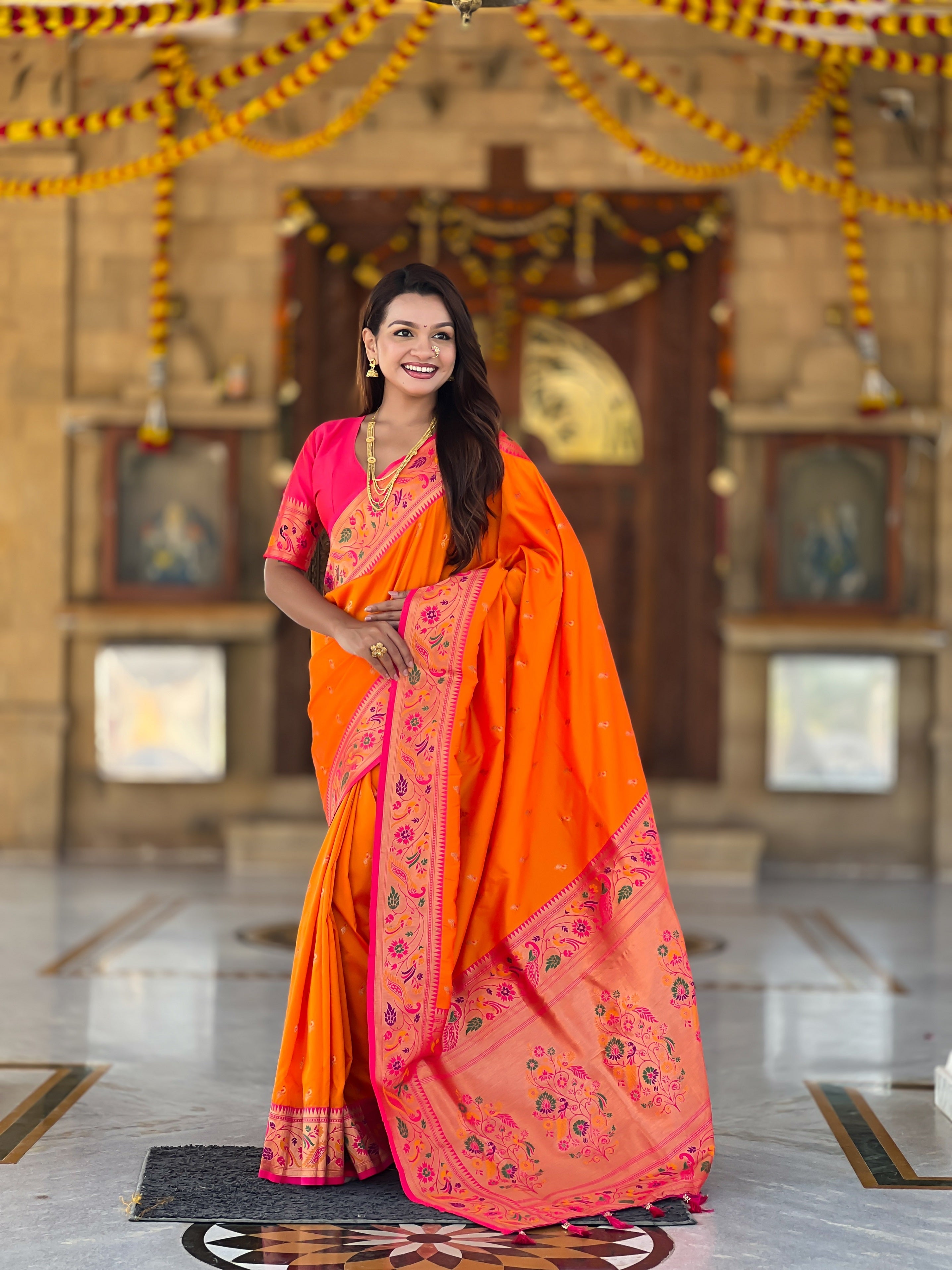 Vedant Vastram Soft Litchi Silk Paithani Jacquard Saree - Orange