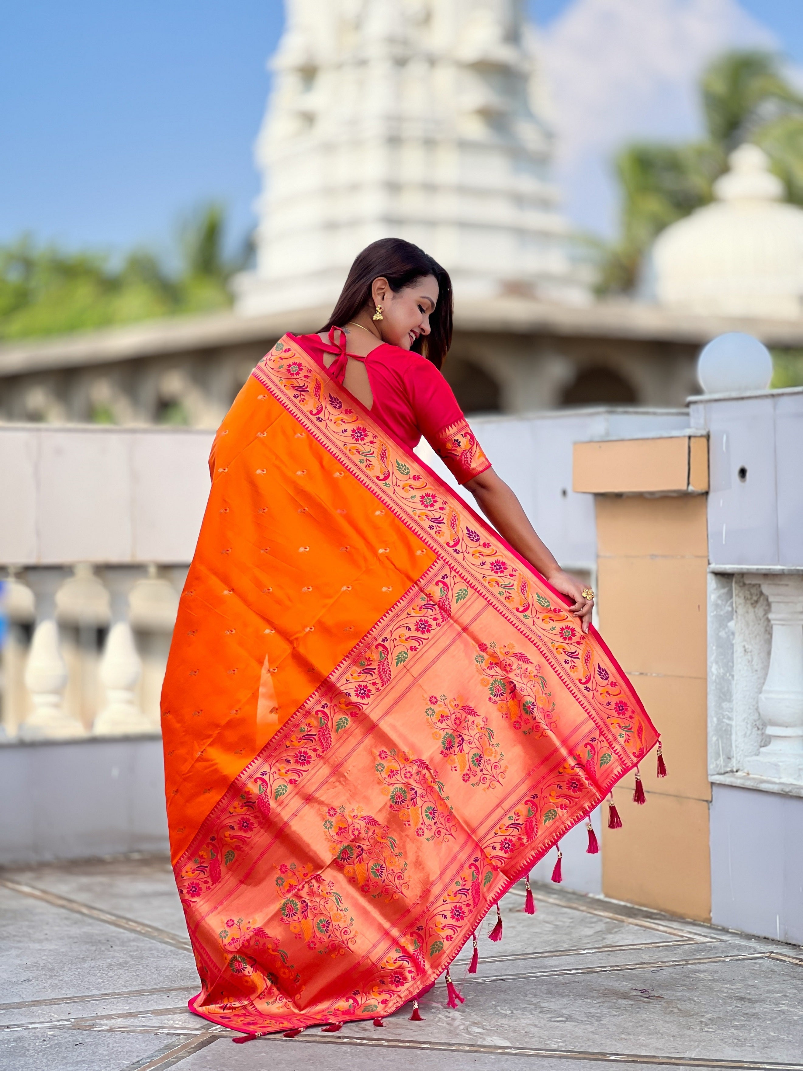 Vedant Vastram Soft Litchi Silk Paithani Jacquard Saree - Orange