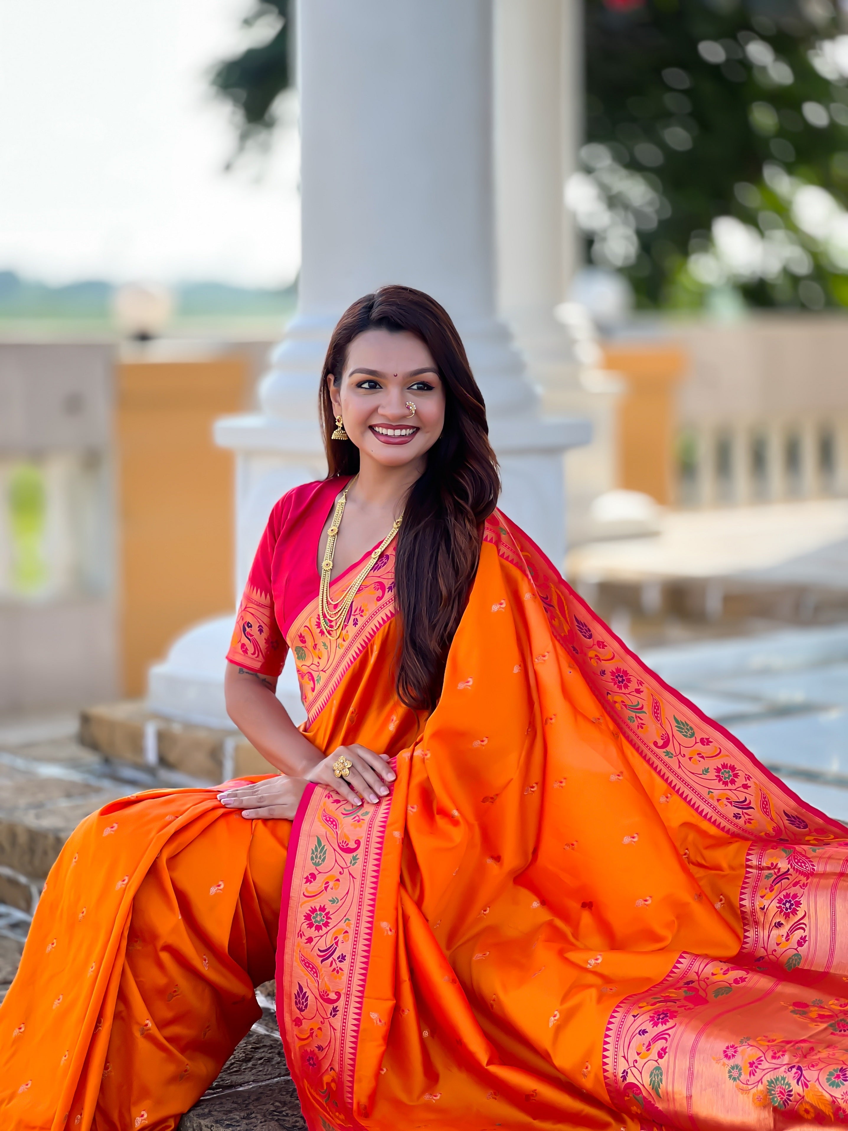 Vedant Vastram Soft Litchi Silk Paithani Jacquard Saree - Orange