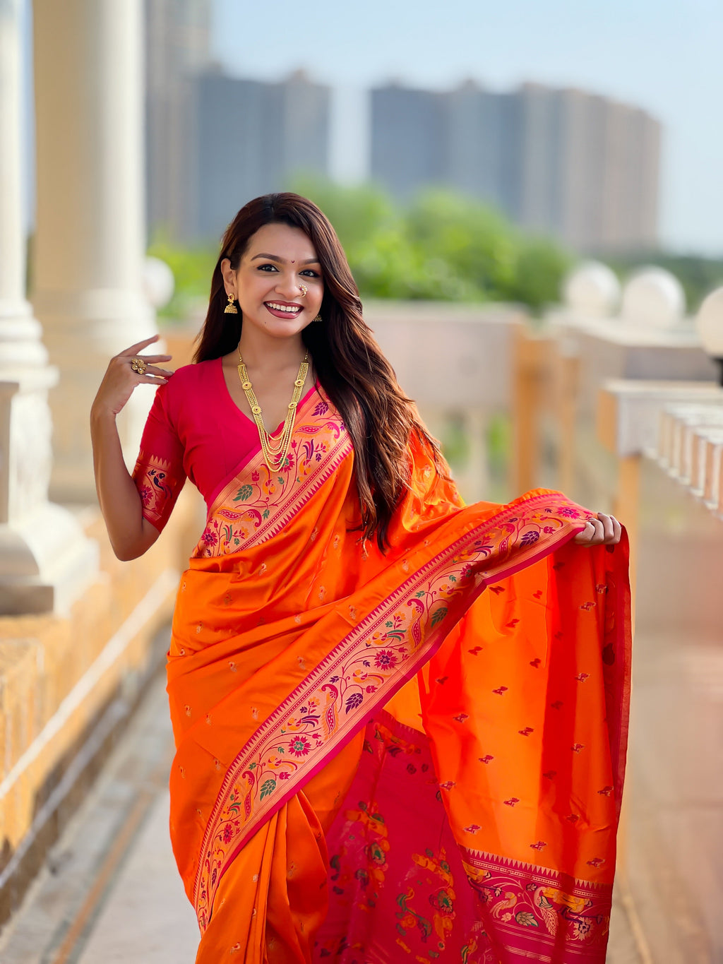Vedant Vastram Soft Litchi Silk Paithani Jacquard Saree - Orange
