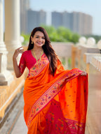 Vedant Vastram Soft Litchi Silk Paithani Jacquard Saree - Orange
