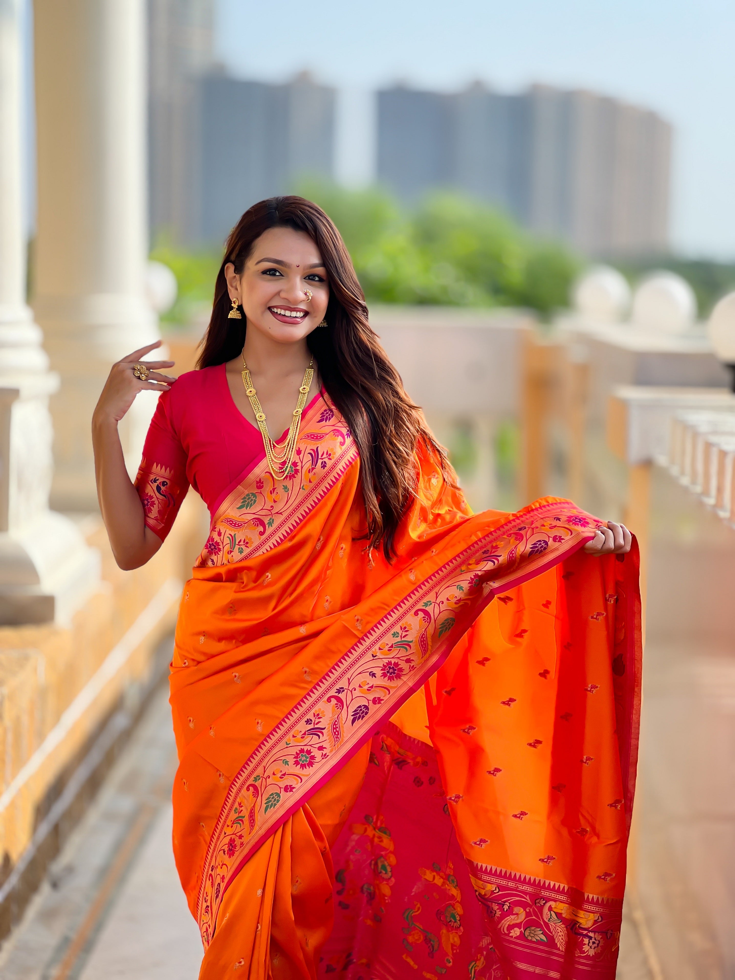 Vedant Vastram Soft Litchi Silk Paithani Jacquard Saree - Orange
