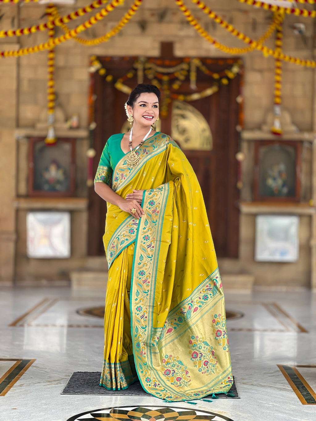 Vedant Vastram Soft Litchi Silk Paithani Jacquard Saree - Olive