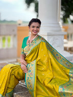 Vedant Vastram Soft Litchi Silk Paithani Jacquard Saree - Olive
