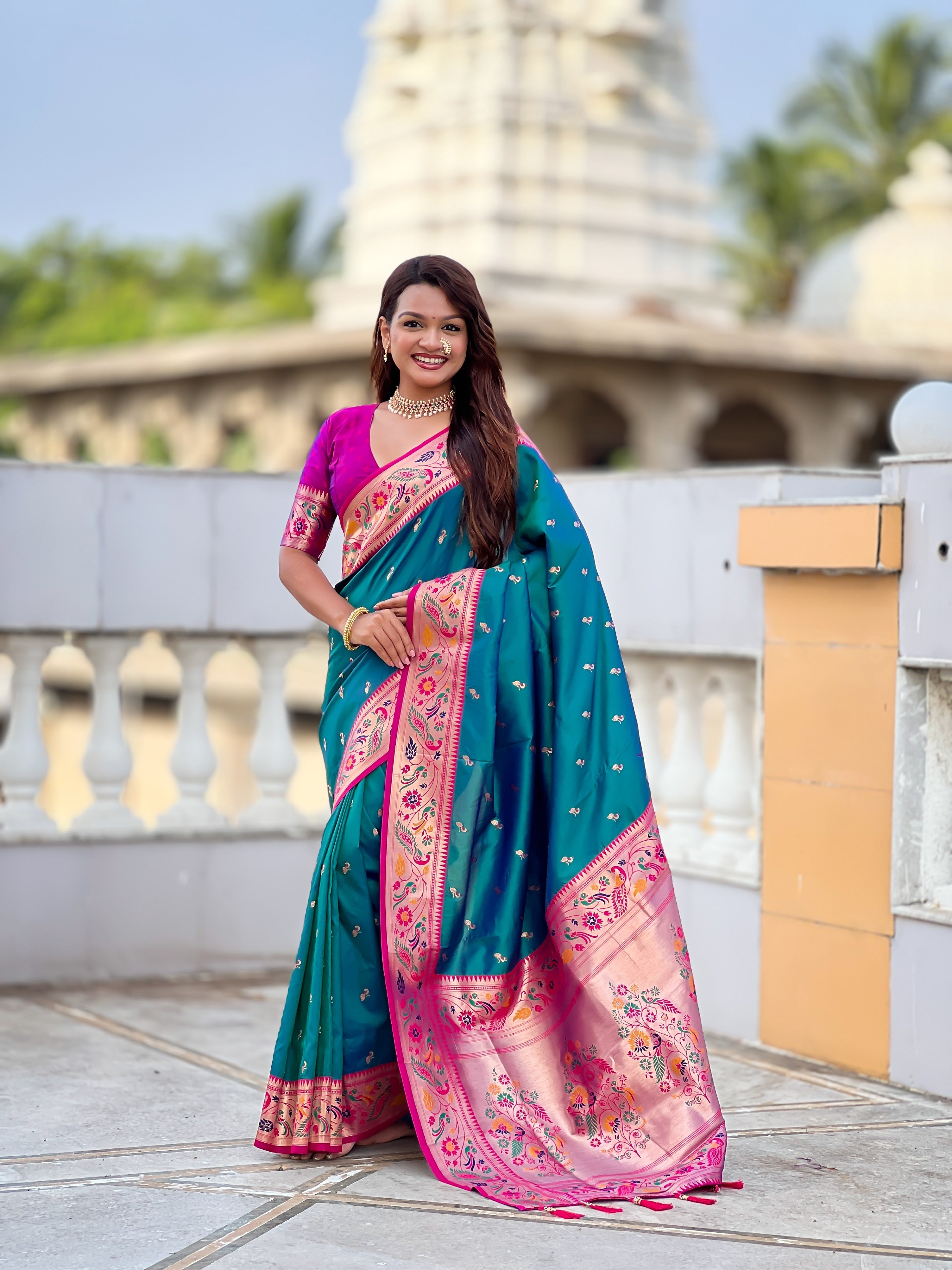 Vedant Vastram Soft Litchi Silk Paithani Jacquard Saree - Rama
