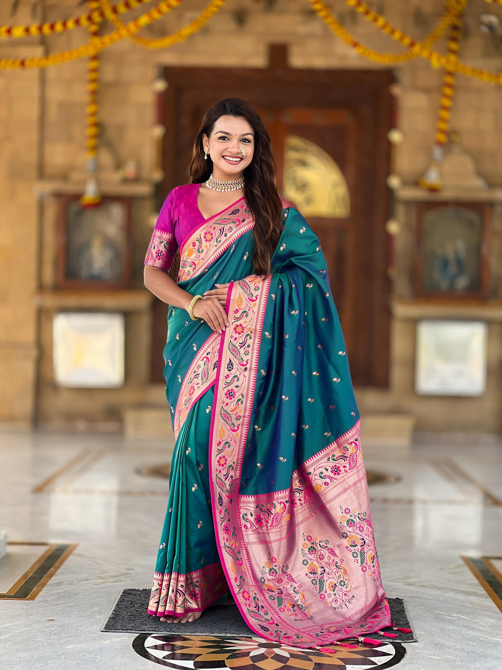 Vedant Vastram Soft Litchi Silk Paithani Jacquard Saree - Rama