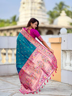 Vedant Vastram Soft Litchi Silk Paithani Jacquard Saree - Rama