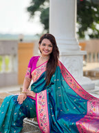 Vedant Vastram Soft Litchi Silk Paithani Jacquard Saree - Rama