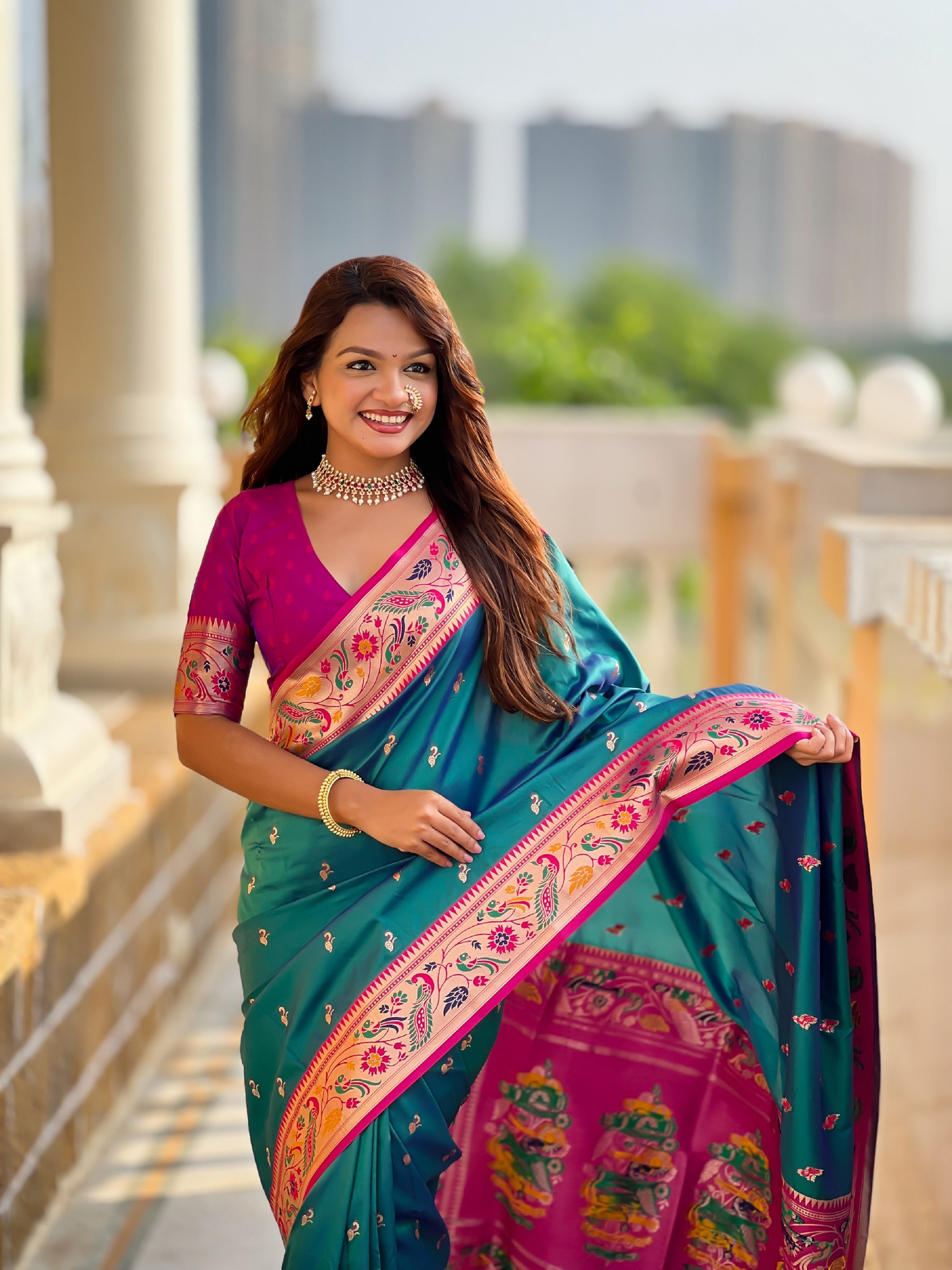 Vedant Vastram Soft Litchi Silk Paithani Jacquard Saree - Rama