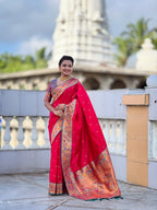 Vedant Vastram Soft Litchi Silk Paithani Jacquard Saree - Pink