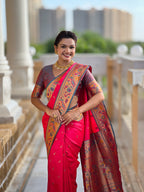 Vedant Vastram Soft Litchi Silk Paithani Jacquard Saree - Pink