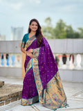 Vedant Vastram Soft Litchi Silk Paithani Jacquard Saree - Violet