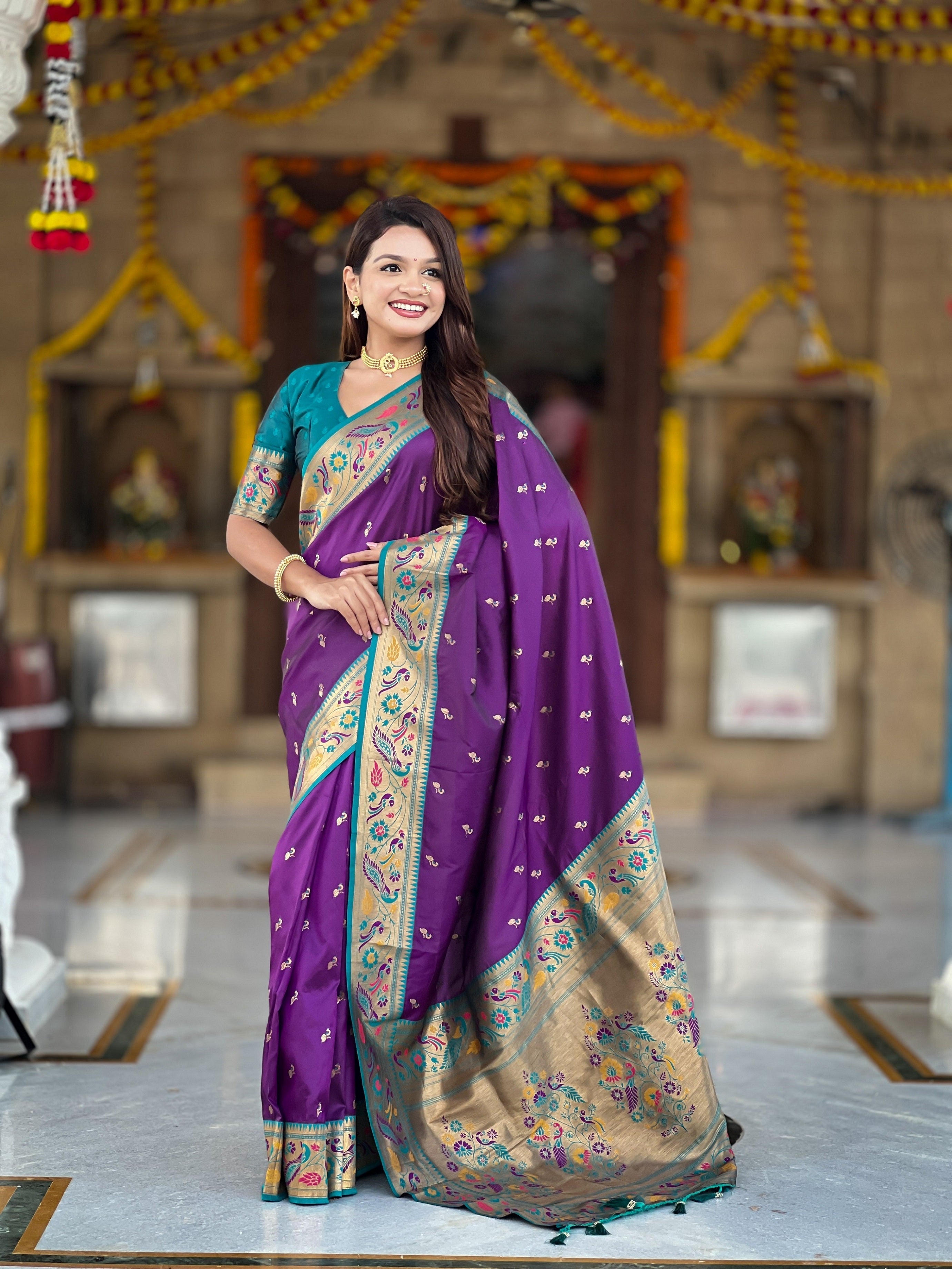 Vedant Vastram Soft Litchi Silk Paithani Jacquard Saree - Violet