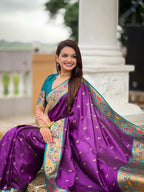 Vedant Vastram Soft Litchi Silk Paithani Jacquard Saree - Violet