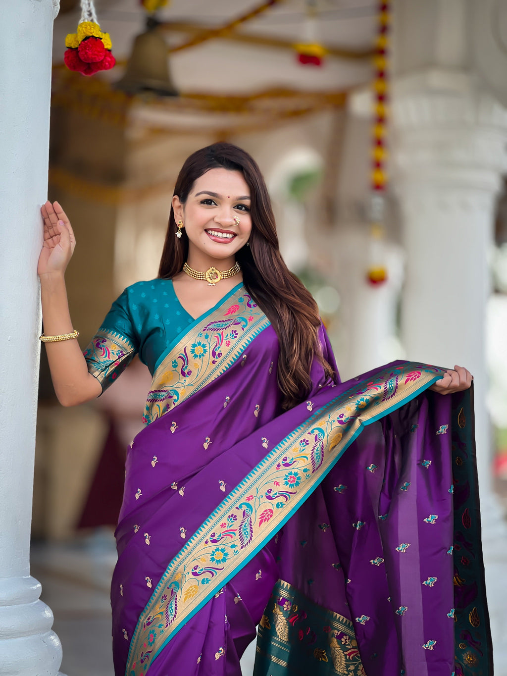 Vedant Vastram Soft Litchi Silk Paithani Jacquard Saree - Violet