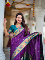 Vedant Vastram Soft Litchi Silk Paithani Jacquard Saree - Violet