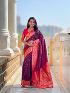 Vedant Vastram Soft Litchi Silk Paithani Jacquard Saree - Wine