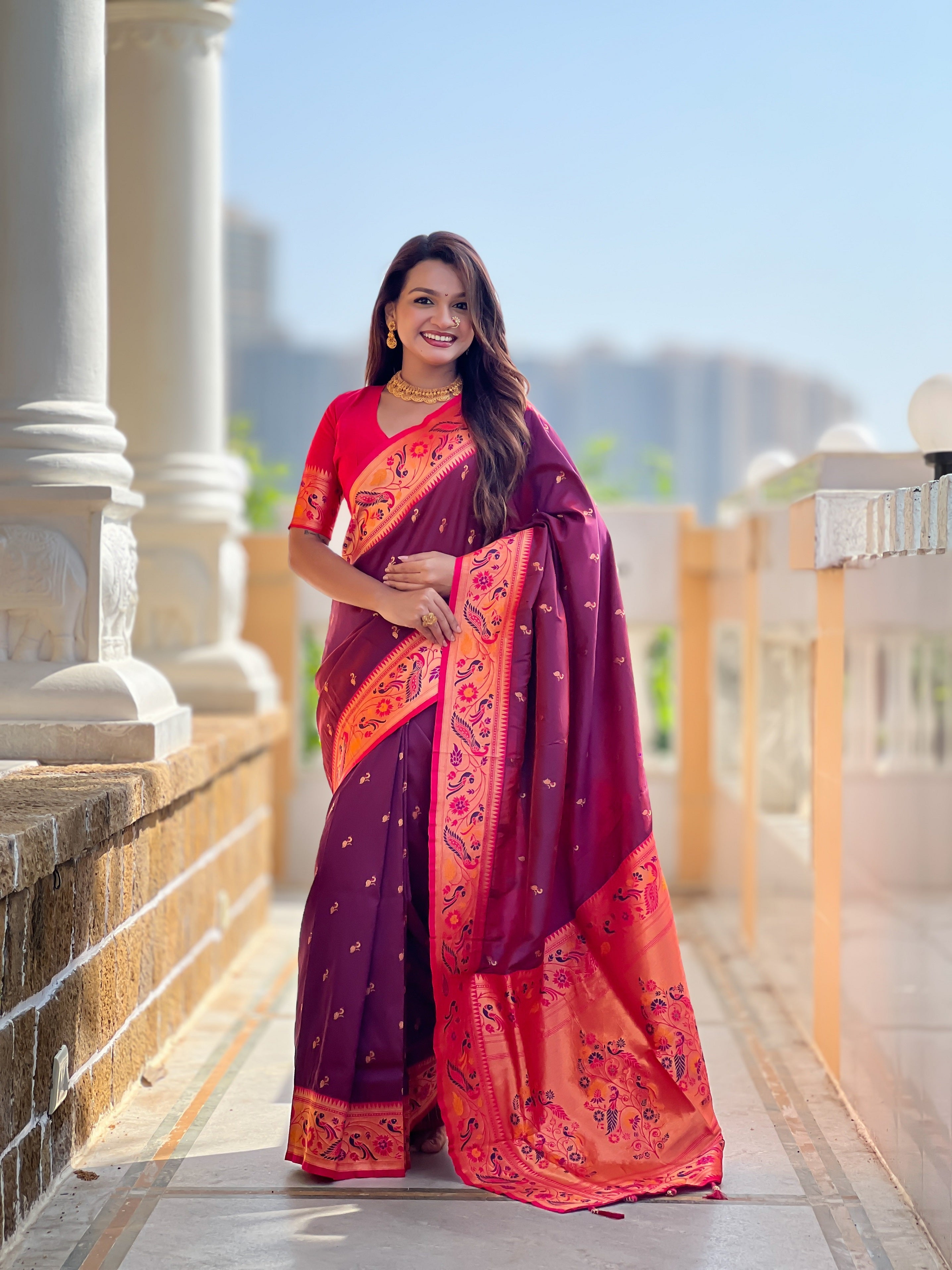 Vedant Vastram Soft Litchi Silk Paithani Jacquard Saree - Wine
