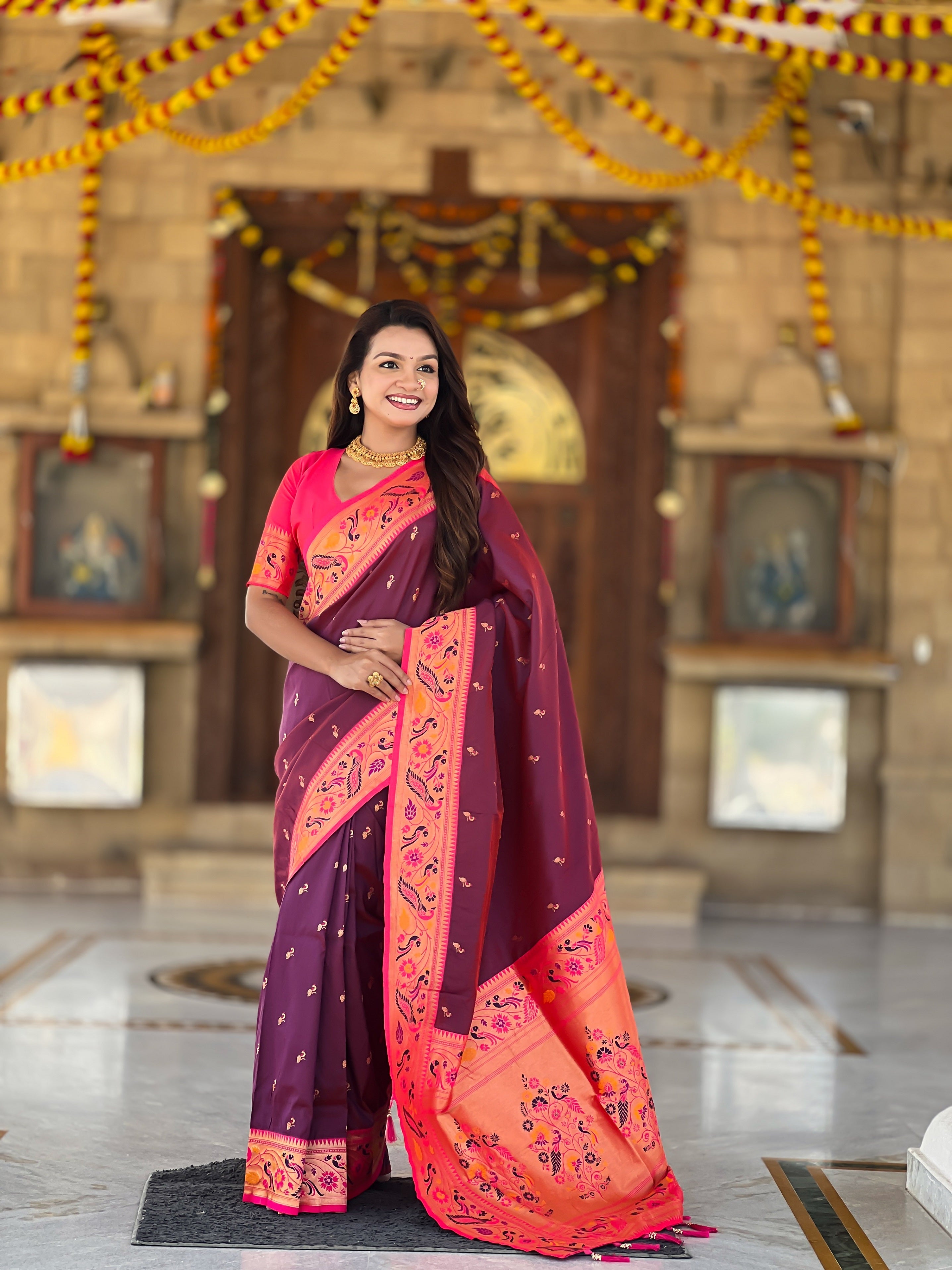 Vedant Vastram Soft Litchi Silk Paithani Jacquard Saree - Wine