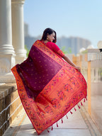 Vedant Vastram Soft Litchi Silk Paithani Jacquard Saree - Wine