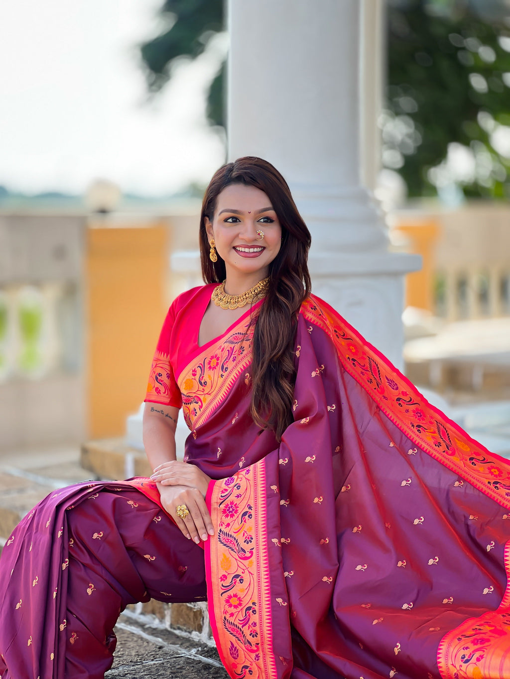 Vedant Vastram Soft Litchi Silk Paithani Jacquard Saree - Wine