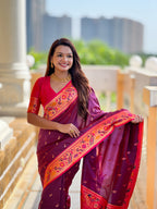 Vedant Vastram Soft Litchi Silk Paithani Jacquard Saree - Wine