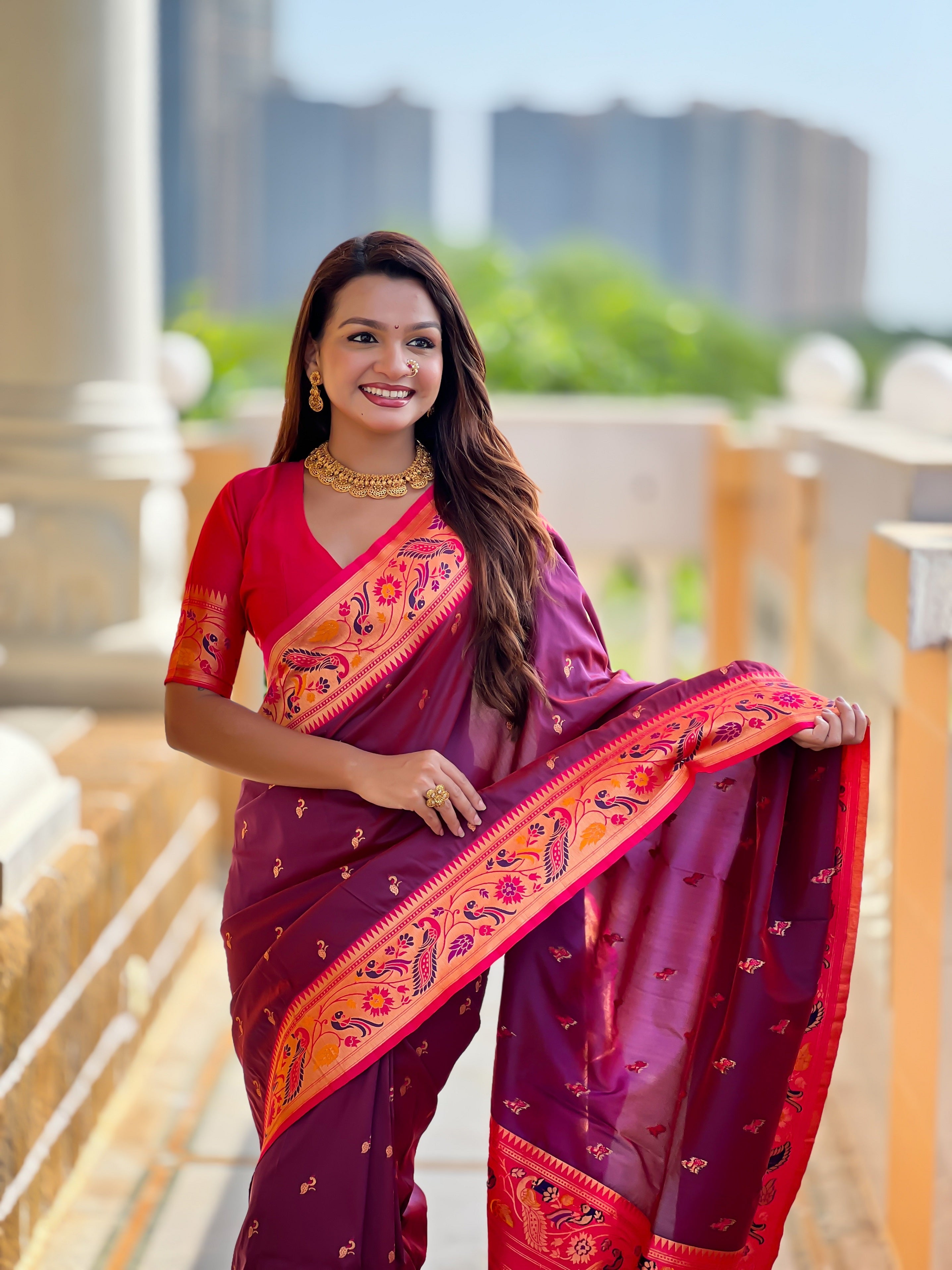 Vedant Vastram Soft Litchi Silk Paithani Jacquard Saree - Wine