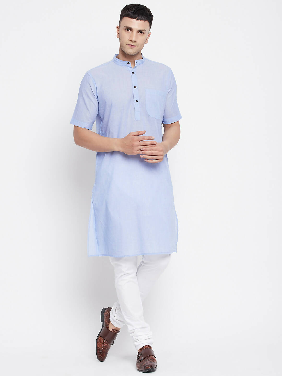 Even Apparels Blue Pure Cotton Men's H/S Kurta With Band Collar - Distacart