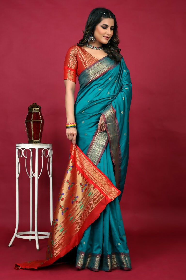 Jyoti Fashion Women's Sky Blue Paithani Silk Zari Woven Saree with Blouse
