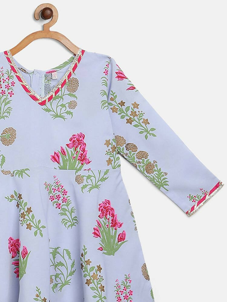 Ahalyaa Blue Crepe Printed Kids Kurta With Harem Pants For Girls