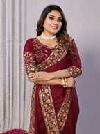 Maroon Silk Georgette Resham And Zari Embroidery Saree - Norita Saumya