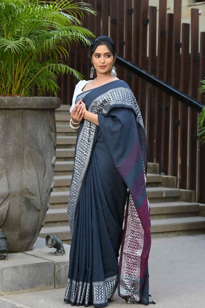 Beatitude Blue Cotton Jacquard Border Tangail Handloom Saree