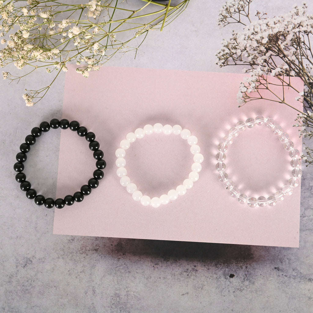 NVR Men & Women Transparent & White & Black Marbel Crystal Elasticated Bracelet - Distacart