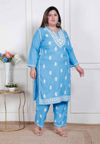 Miravan Womens Plus Size Blue Embroidered Kurta With Palazzo - Distacart