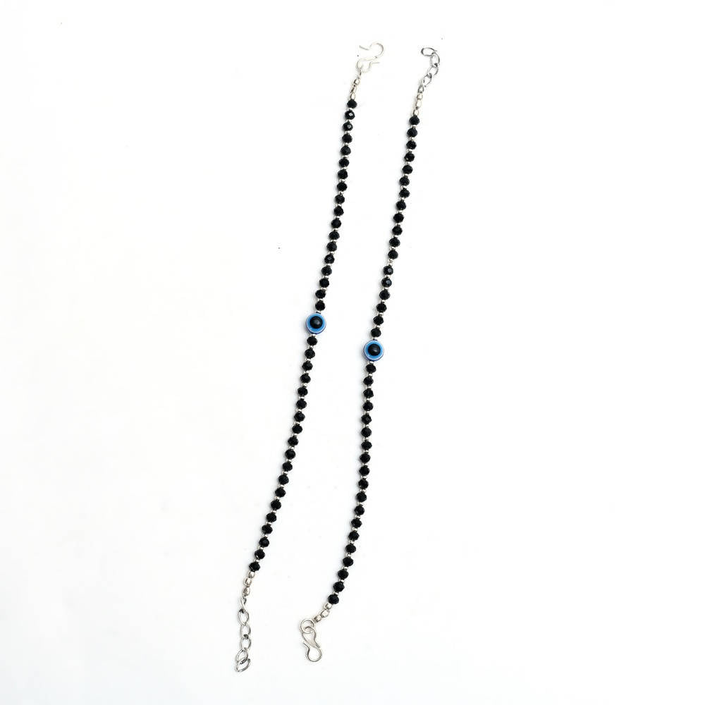 Mominos Fashion Kamal Johar Nazariya Silver With Black Crystals Anklets