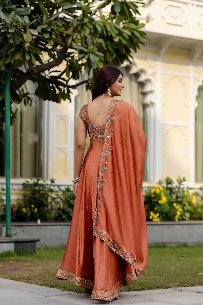 Teeya Creation Orange Color Vichitra Silk Designer Party Wear long Gown - Distacart