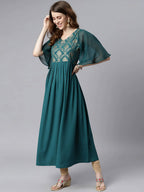 Janasya Teal Yoke Design Flared Sleeves Crepe Anarkali Kurta - Distacart