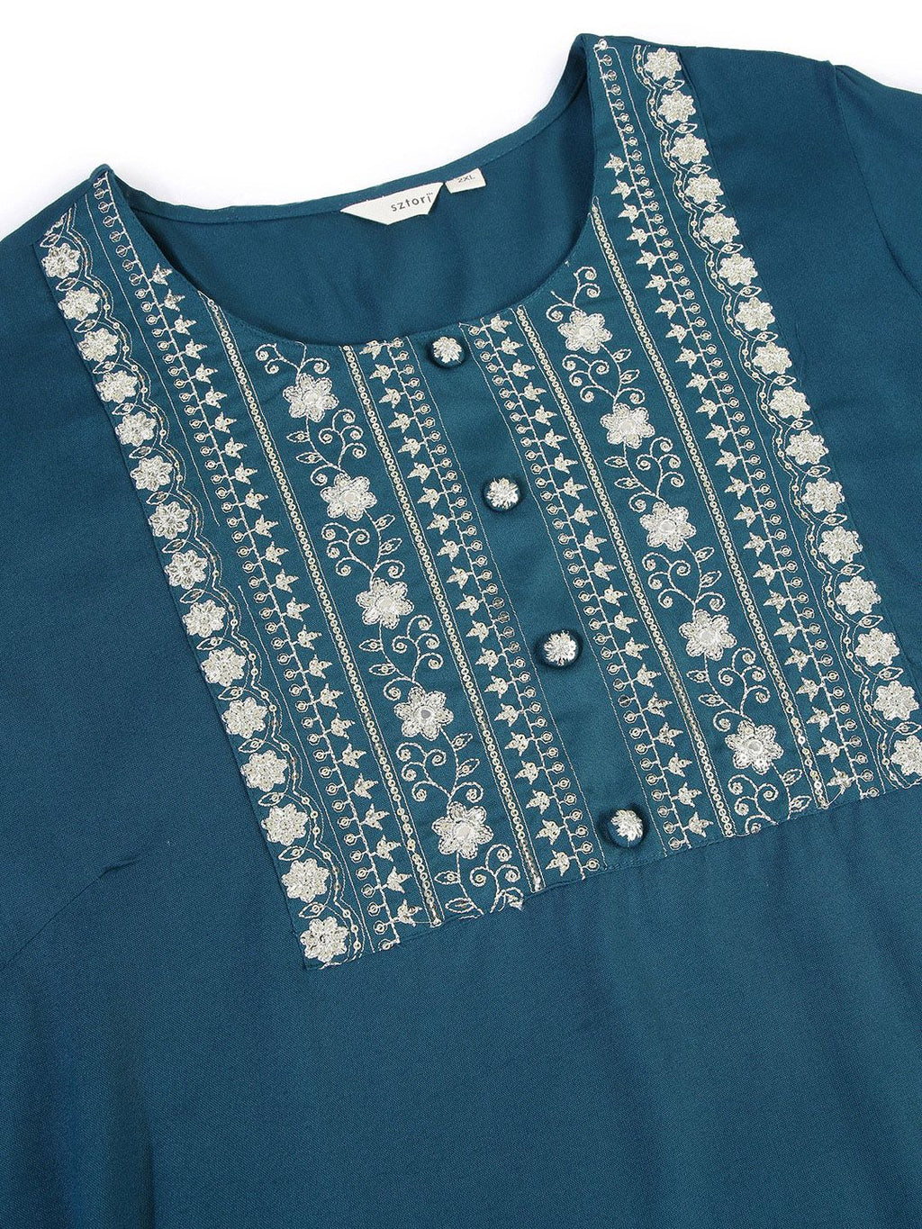 Sztori Plus Size Floral Yoke Design Mirror Work Straight Kurta
